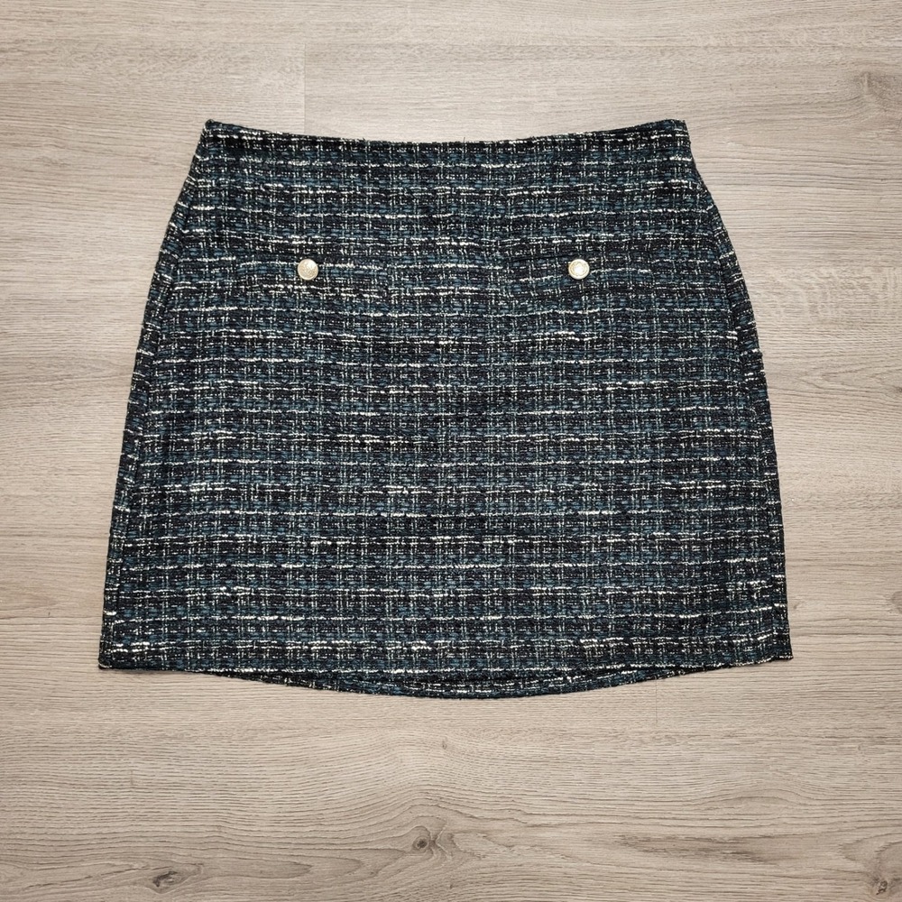 LOFT Teal Green Navy Tweed Mini Skirt Gold Crest Button Size 8 Metallic Textured